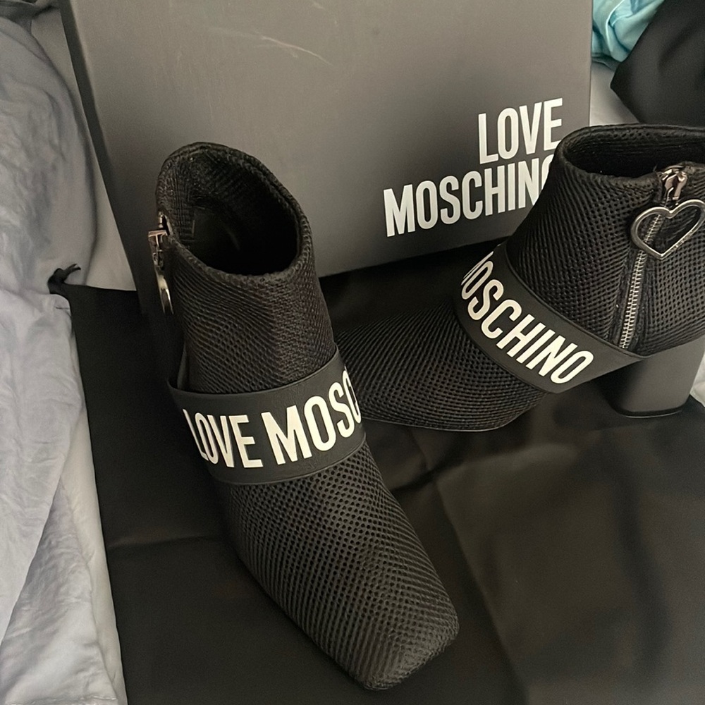 Love Moschino black mesh boots with original box and bag